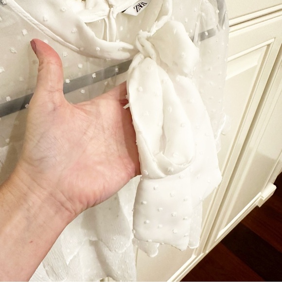 Zara Womens White Cream Swiss Dot Semi Sheer Tiered Ruffle Pussybow Tie Neck Top - Picture 8 of 13